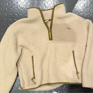 Aritzia TNA Cream Sherpa Quarter-Zip with Olive Trim medium